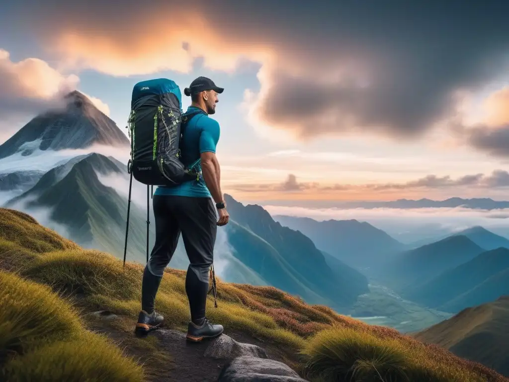 Logro en la cumbre: diversidad y aventura al amanecer Un grupo diverso de aventureros con equipamiento fitness outdoor todas tallas, conquistando una cumbre al amanecer
