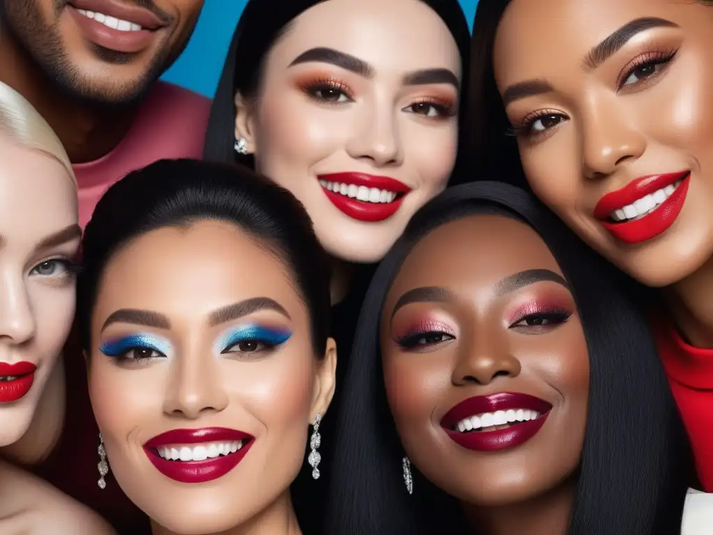 Inclusividad y confianza: sonrisas vibrantes con labiales inclusivos Grupo diverso sonriendo con barras labiales inclusivas duraderas, reflejando confianza y empoderamiento