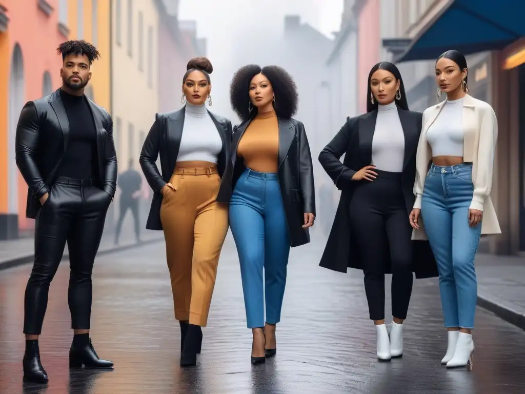 Bloggers de moda diversa en la ciudad Grupo diverso de bloggers de moda, representando la inclusión en la moda diversa, posan con estilo en la ciudad