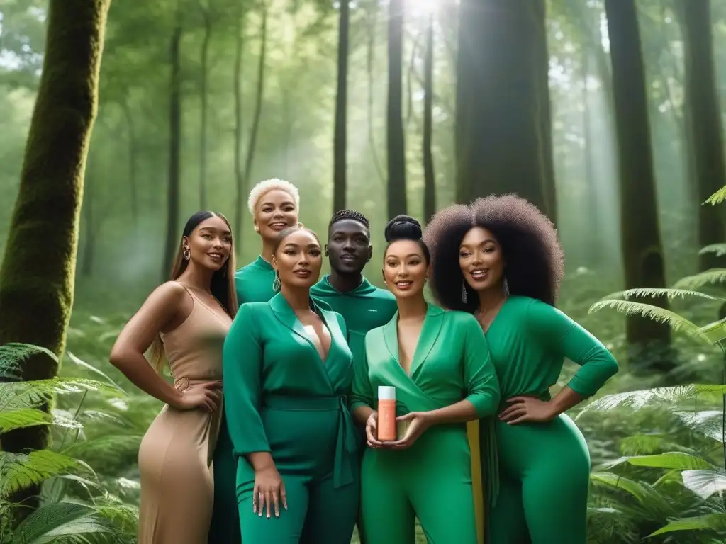 Belleza consciente: diversidad y unión en el bosque Un grupo diverso en un bosque verde con tratamientos de belleza veganos, irradiando unidad y diversidad
