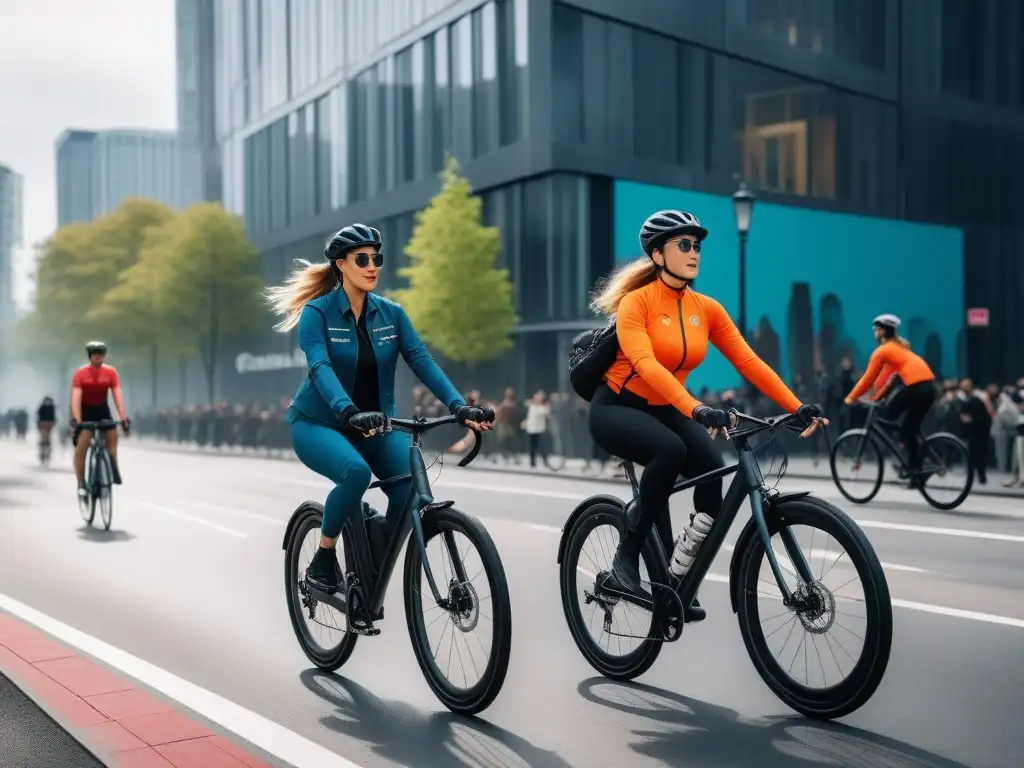 Diversidad y estilo en bicicleta: ciclistas urbanos disfrutan de la ciudad Grupo diverso de ciclistas pedaleando en bicicletas modernas por un camino urbano, con equipamiento ciclismo para todos cuerpos