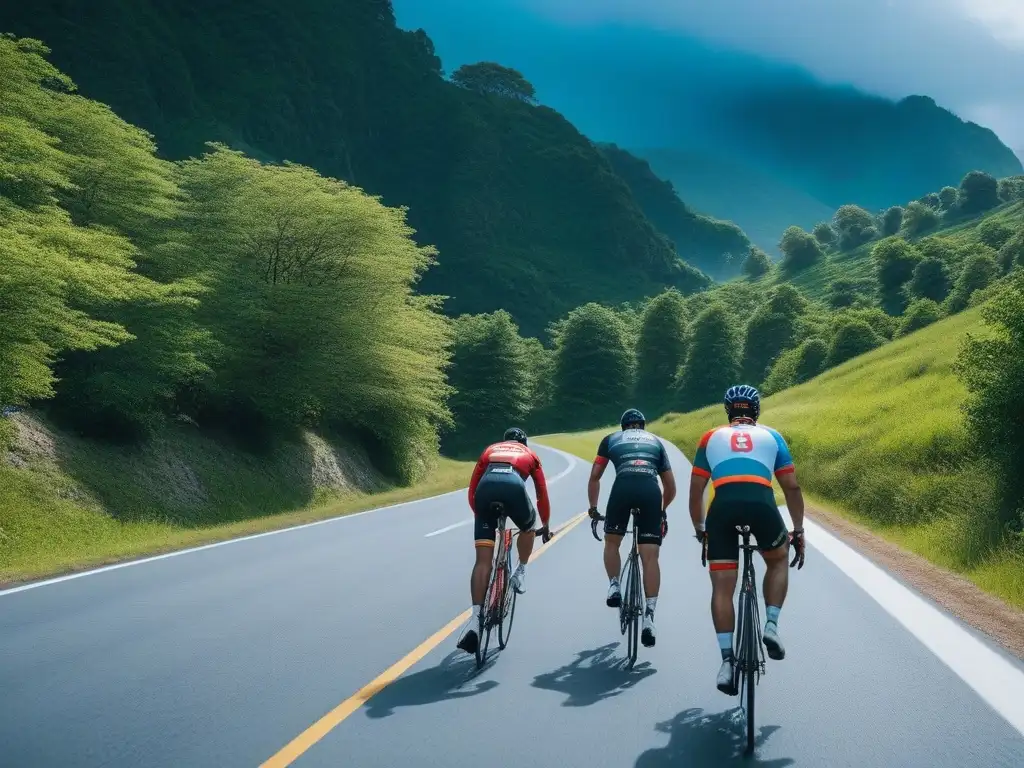 Ruta inclusiva: Ciclistas diversos en movimiento Grupo diverso de ciclistas en equipamiento ciclismo para todos cuerpos, pedaleando juntos en escénica carretera de montaña
