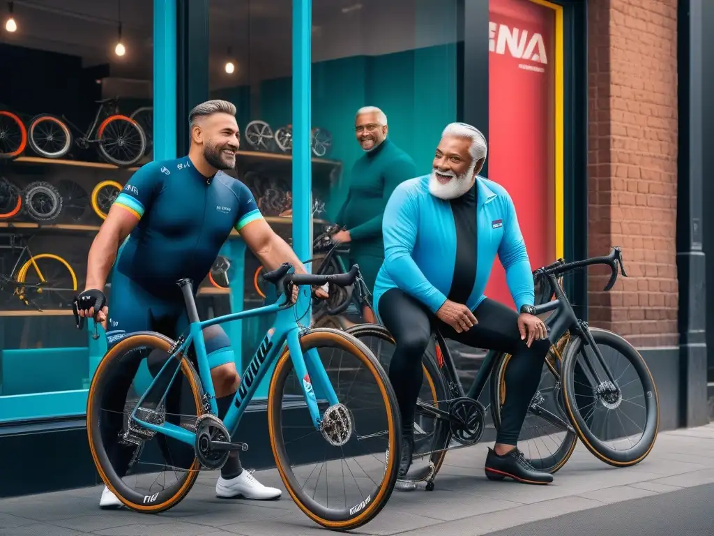 Ciclismo chic: diversidad y empoderamiento en una tienda de bicicletas Grupo diverso de ciclistas frente a tienda moderna de bicicletas, exhibiendo equipamiento ciclismo para todos cuerpos