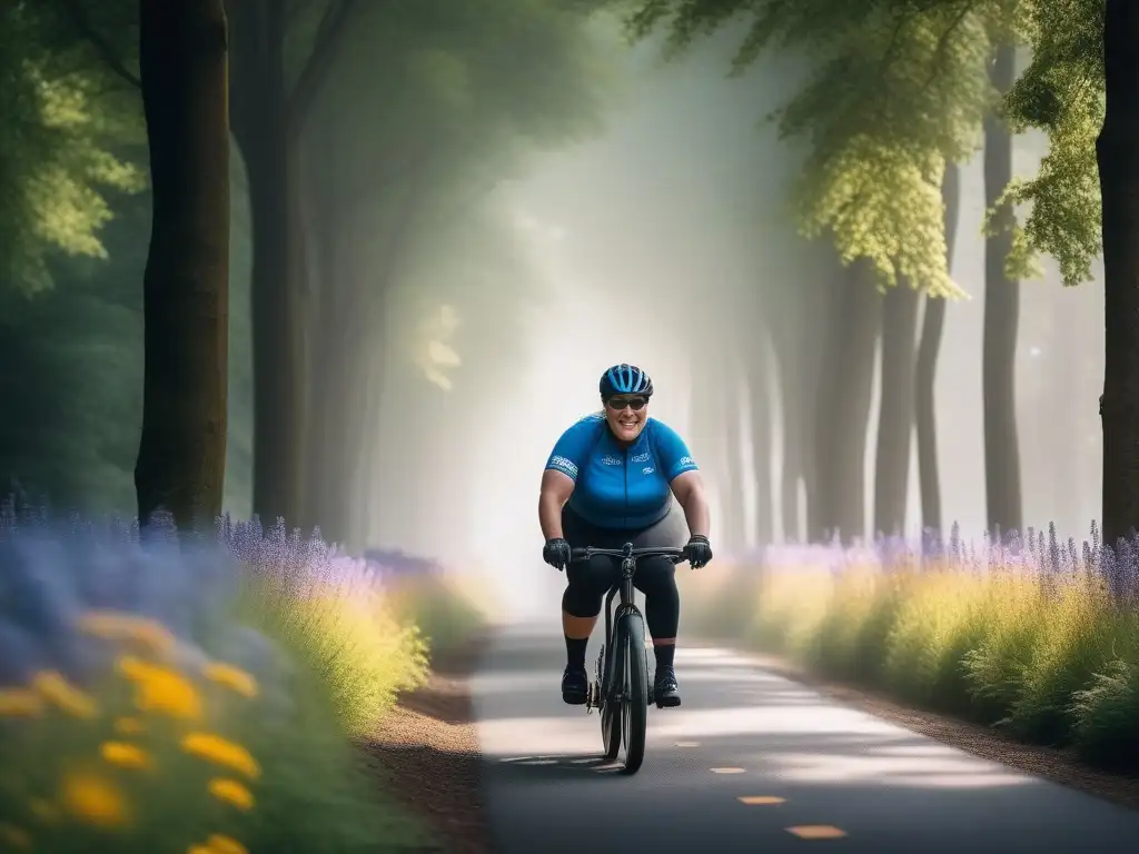 ¡Pedaleando la diversidad! Ciclistas inclusivos rompiendo estereotipos Un grupo diverso de ciclistas sonrientes pedalean confiados por un sendero escénico, rodeados de flores silvestres y árboles altos