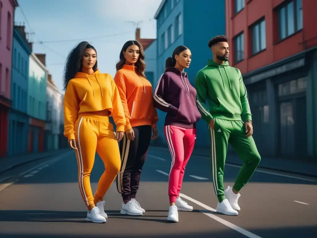 Estilo y diversidad: tracksuits urbanos para todos los cuerpos Un grupo diverso en tracksuits trendy en la ciudad: inclusión y estilo para todos cuerpos