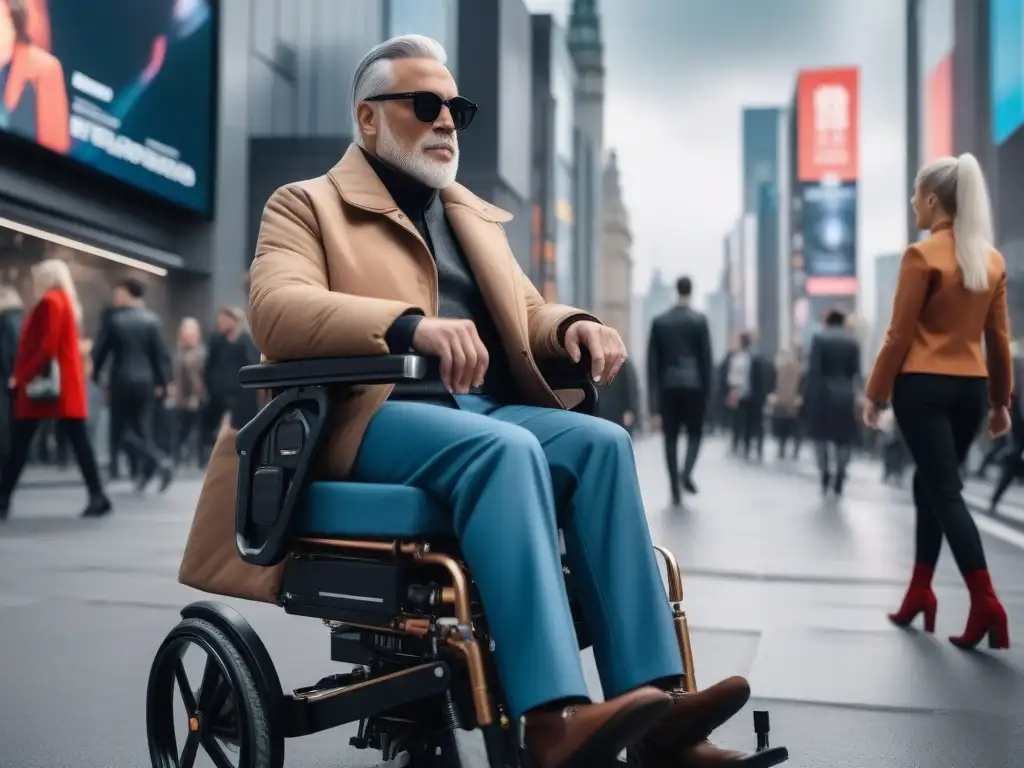 Moda adaptativa: diversidad y estilo en la ciudad del futuro Grupo diverso en la ciudad con moda adaptativa para todos, reflejando un futuro inclusivo y vanguardista