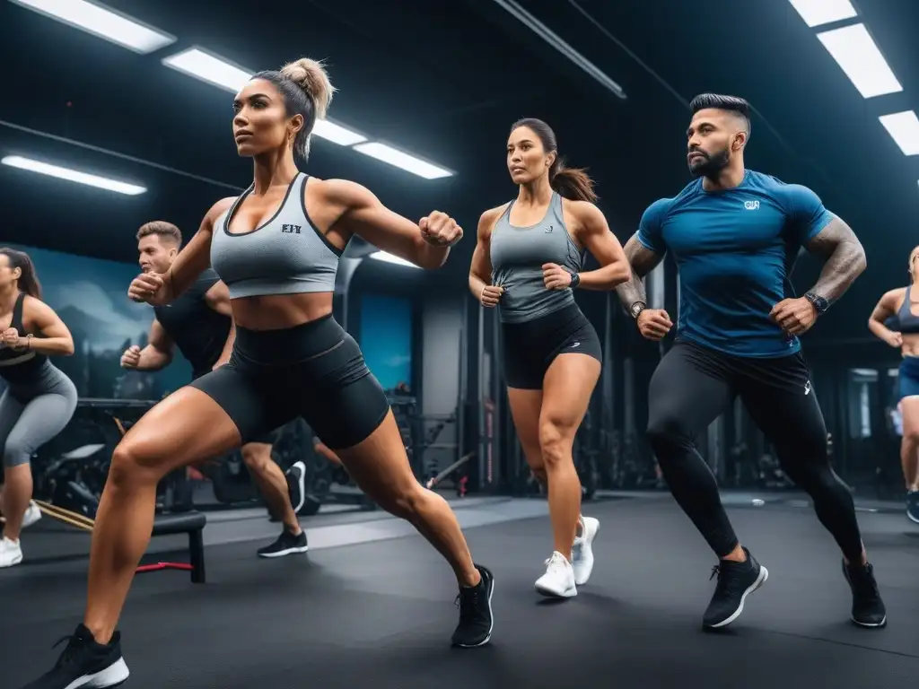 Clase premium de fitness: diversidad, inclusión y superación Un grupo diverso en clase fitness premium muestra inclusividad y entrenamiento personalizado