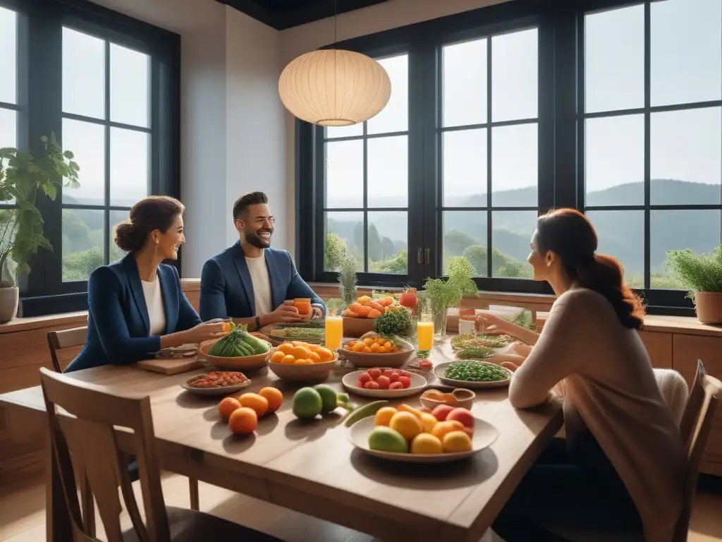 Comida saludable: diversidad y bienestar en la mesa Un grupo diverso disfruta de una comida saludable en una cocina moderna y luminosa