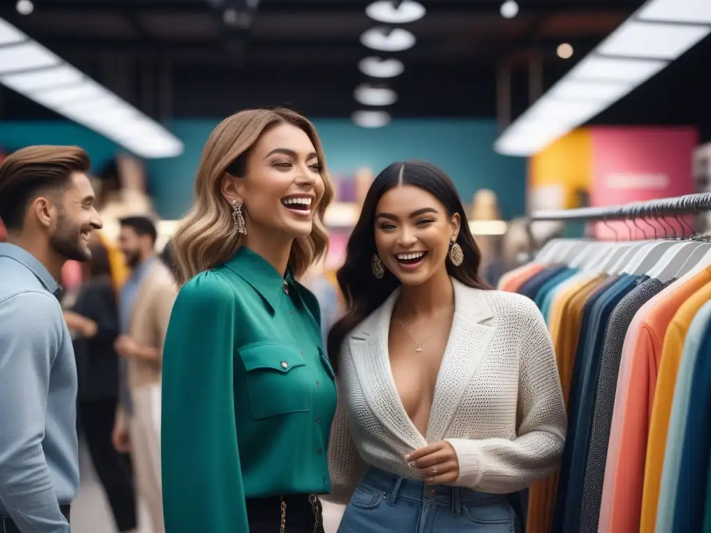Grupo de compradores estilosos en tienda de moda trendy Un grupo diverso de compradores elegantes se divierte y charla animadamente mientras exploran ropa colorida en una boutique de moda