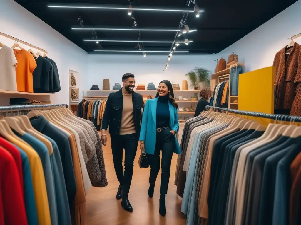 Compra sostenible: moda segunda mano con estilo y diversidad Grupo diverso disfruta compras en boutique de moda segunda mano con normativas sostenibles