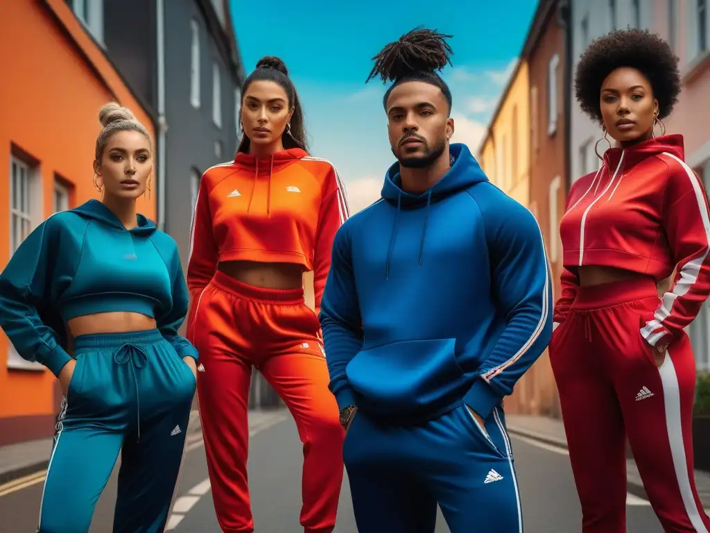 Trendy tracksuits: diversidad y empoderamiento urbano Un grupo diverso posa con confianza en tracksuits trendy en un entorno urbano vibrante