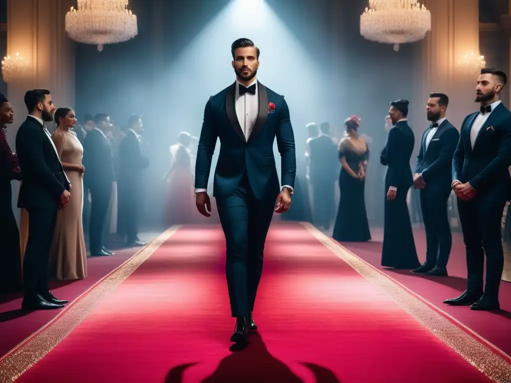 Desfile diverso en gala de moda: desafiando normas de género Un grupo diverso irradia confianza al entrar a un glamoroso evento, desafiando normas de género con vestuario inclusivo para eventos especiales