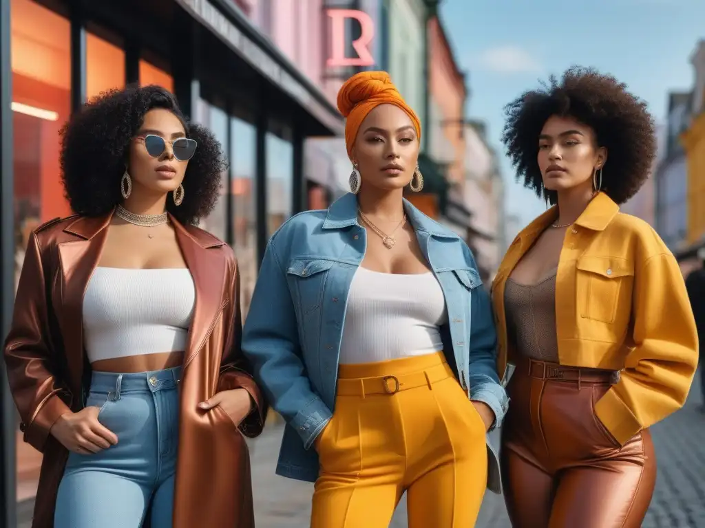 Moda inclusiva: diversidad y empoderamiento en la ciudad Grupo diverso posa con confianza en moda inclusiva para todos cuerpos fuera de tienda moderna