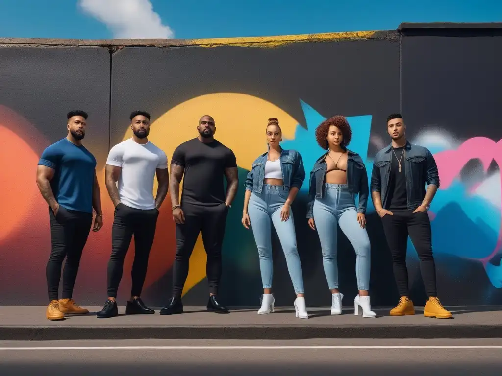 Moda inclusiva en la ciudad: diversidad y empoderamiento Un grupo diverso posa con confianza en outfits inclusivos y modernos en una calle urbana, rodeados de graffiti