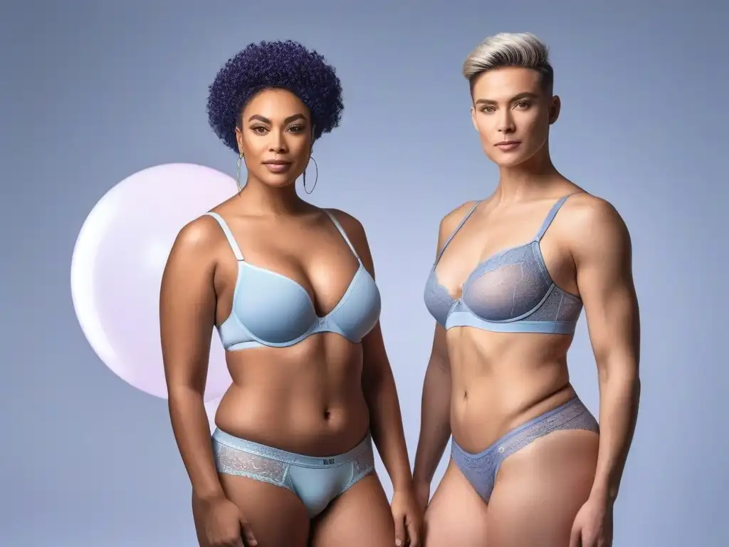 Empoderamiento y diversidad en ropa interior inclusiva Un grupo diverso posa con confianza en ropa interior cómoda, transmitiendo inclusividad y aceptación para cuerpos trans