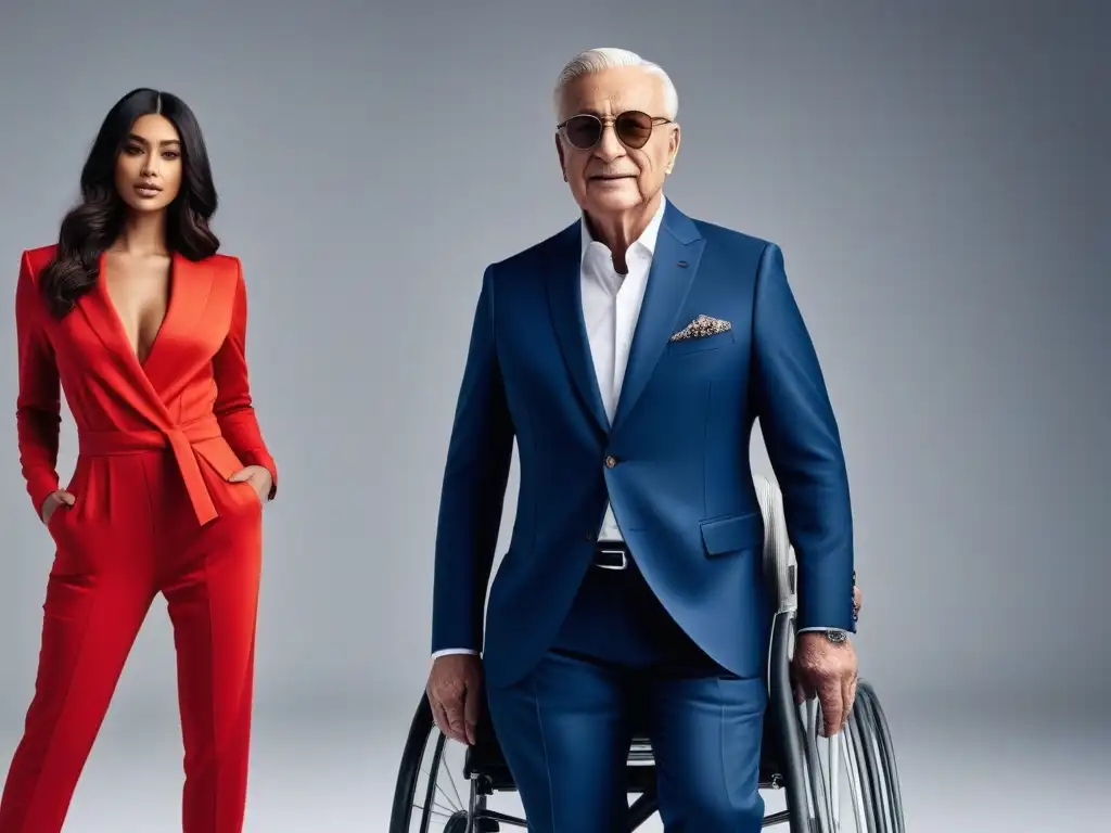 Moda inclusiva para usuarios de silla de ruedas: empoderamiento y estilo Un grupo diverso posa con confianza en vestuario adaptativo para sillas de ruedas en un estudio de moda moderno y elegante