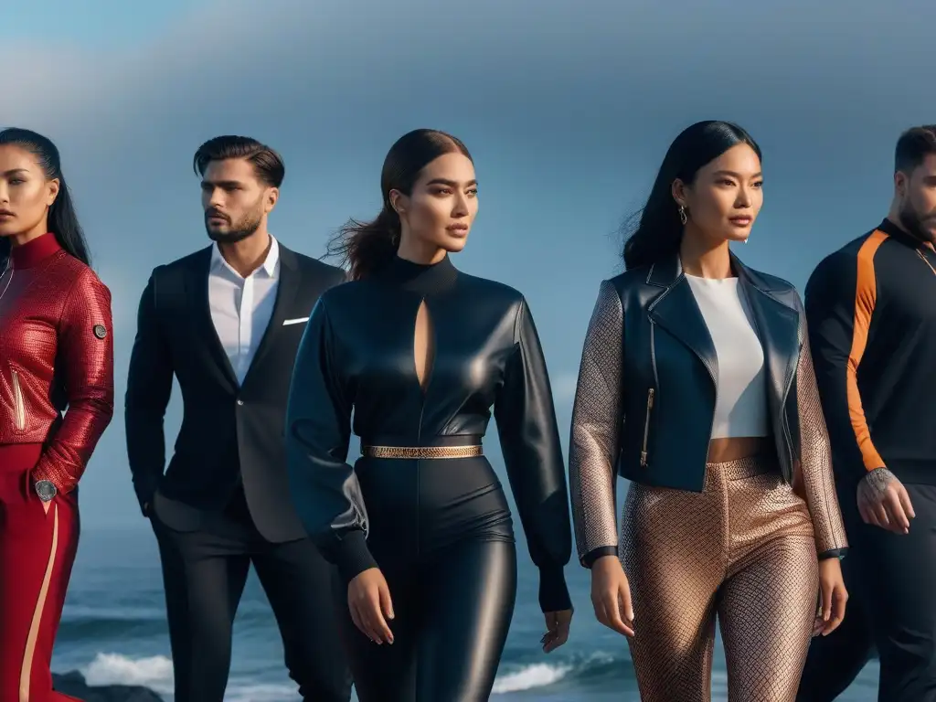 Un grupo diverso luce con confianza wearables premium en un ambiente futurista de lujo, simbolizando moda inclusiva y moderna