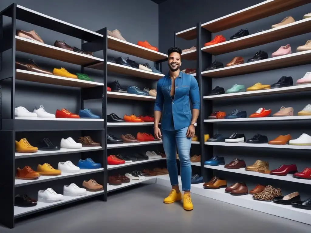 Moda inclusiva: diversidad de zapatos grandes en tienda chic Un grupo diverso sonríe con confianza, luciendo zapatos de moda en una tienda chic