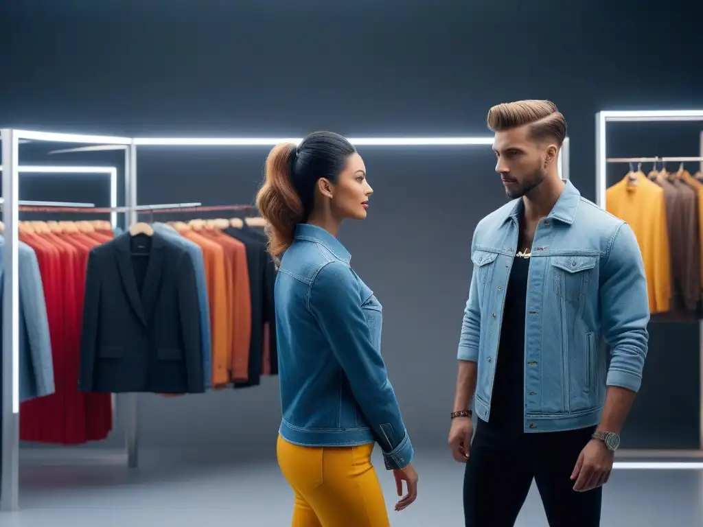 Consumidores de moda disfrutan de prendas únicas en boutique de tendencia Un grupo diverso de consumidores de moda probando prendas únicas en una boutique moderna, reflejando la psicología del consumidor en moda
