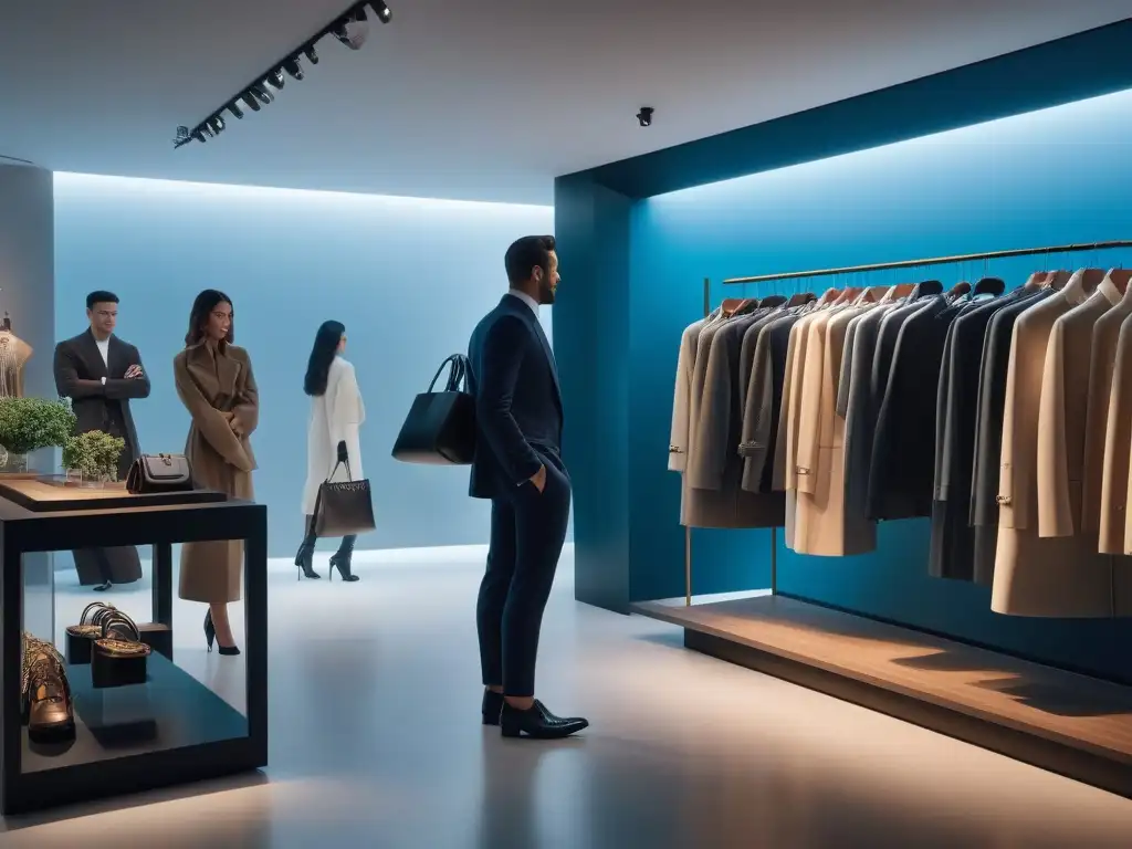 Shopping de lujo: Consumidores admirando moda exclusiva en boutique trendy Un grupo diverso de consumidores de moda examina prendas exclusivas en una boutique elegante, reflejando la Psicología del consumidor en moda