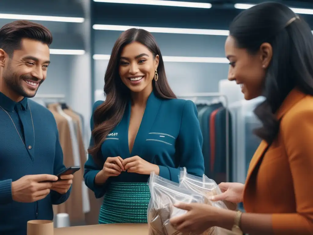 Consumidores felices examinan envases sostenibles de moda inclusiva Un grupo diverso de consumidores sonrientes examinan opciones de embalaje sostenible para moda inclusiva, mostrando empoderamiento y responsabilidad