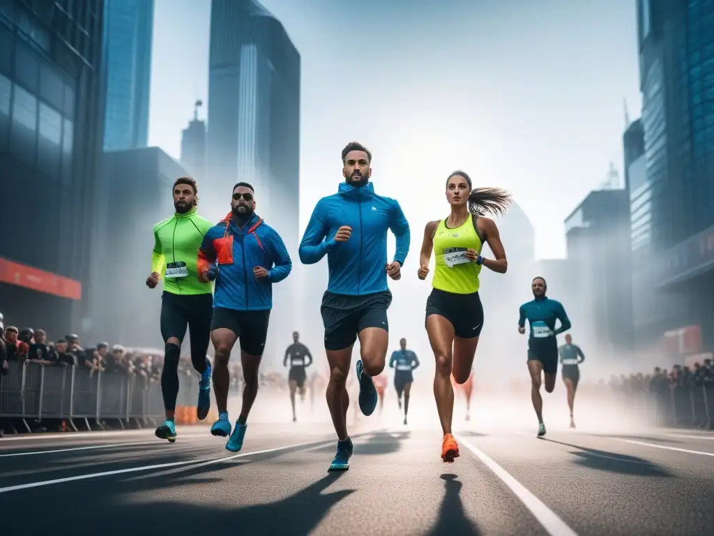 Maratonistas urbanos: moda y energía en la ciudad futurista Un grupo diverso de corredores de maratón con estilo y determinación en un paisaje urbano futurista