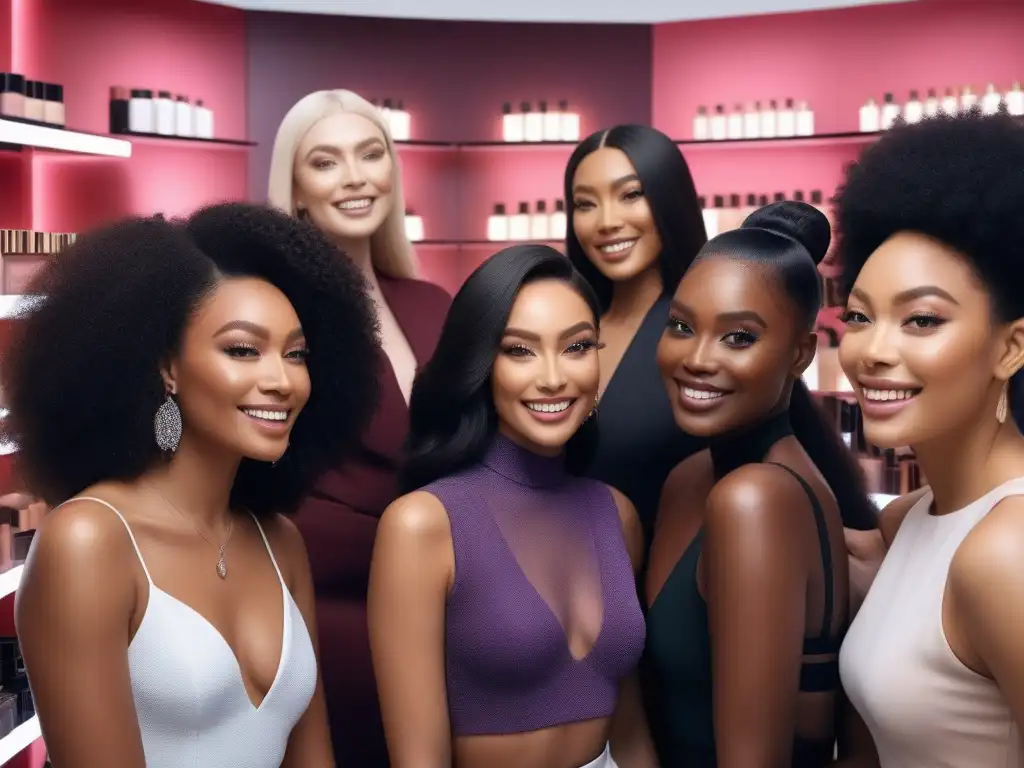 Empoderamiento cosmético: diversidad y lujo para todos Un grupo diverso aplica cosméticos inclusivos en un estudio de belleza de lujo, reflejando la innovación en Avances cosméticos lujo inclusivos cuerpos