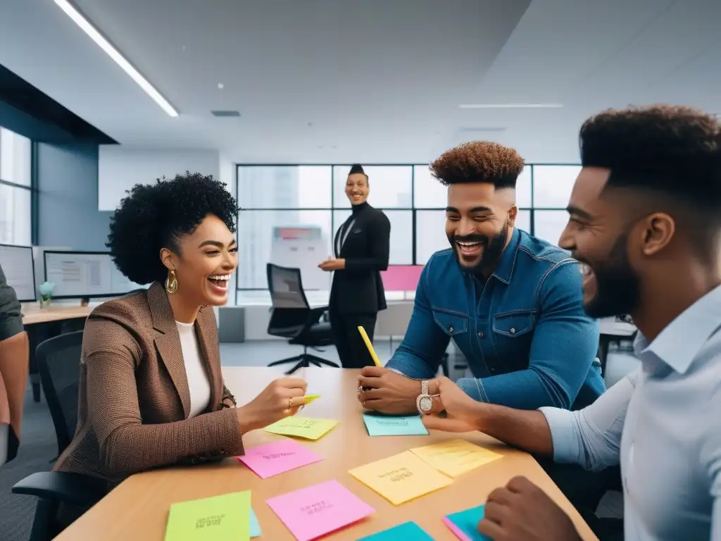 Sesión creativa inclusiva: brainstorming con diversidad y alegría Un grupo diverso y creativo en una sesión de lluvia de ideas, promoviendo la publicidad inclusiva sin estereotipos