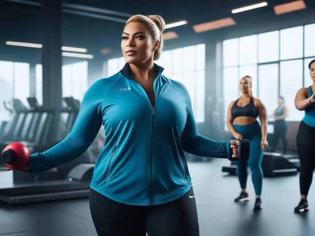 Entrenamiento inclusivo de plussize en gimnasio moderno Grupo diverso de cuerpos plus size entrenando con determinación y camaradería en un gimnasio luminoso y moderno