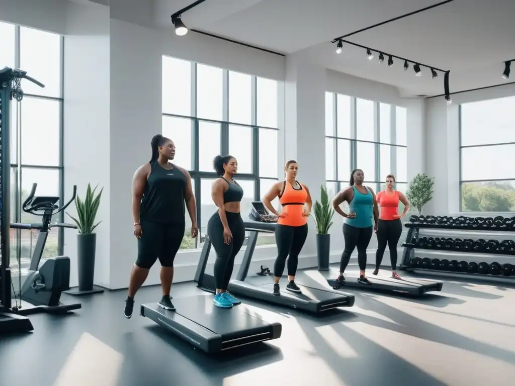 Clase de fitness inclusiva: diversidad y motivación en el gimnasio Un grupo diverso de cuerpos plus size en clase de fitness con entrenador experto