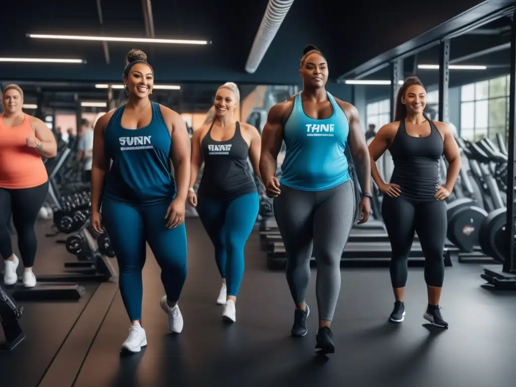 Empoderamiento fitness: diversidad y inclusión en el gym Un grupo diverso de cuerpos plus size ejercitándose juntos en un gimnasio inclusivo y motivador