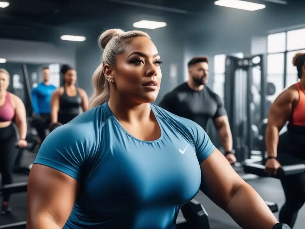 Entrenamiento inclusivo: plussize con determinación en gimnasio moderno Un grupo diverso de cuerpos plus size se ejercita con determinación y motivación en un moderno gimnasio