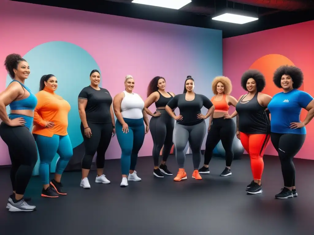 Clase de fitness inclusiva para plussize: unidos en el empoderamiento Un grupo diverso de cuerpos plus size motivados en un empoderador entrenamiento grupal