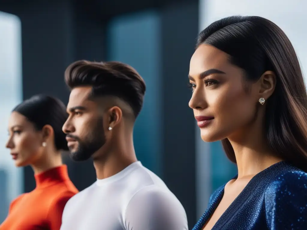 Estilo inclusivo: diversidad y tecnología en moda Un grupo diverso con diferentes cuerpos usando wearables premium en un ambiente moderno y minimalista