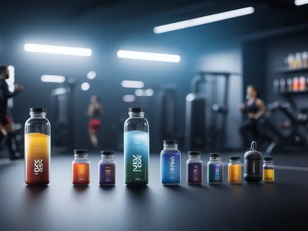 Suplementos personalizados para un estilo de vida activo Un grupo diverso y determinado realizando actividades físicas en un centro de bienestar futurista, rodeados de suplementos personalizados