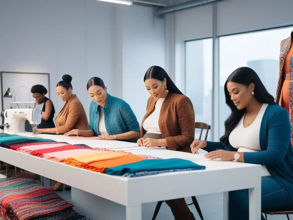 Diseñadoras de moda diversidad creativa en estudio luminoso Grupo diverso de diseñadoras de moda, embarazadas y no, colaborando en un estudio moderno y luminoso