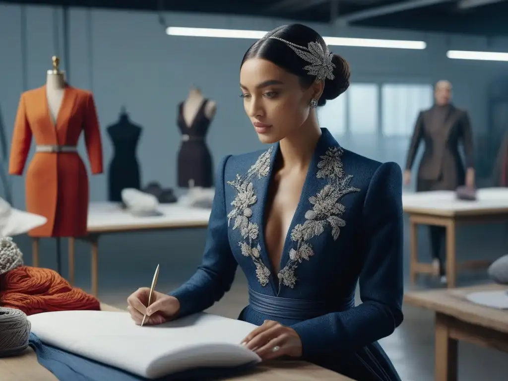 Estudio de moda sostenible: diseñadores crean con conciencia eco Grupo diverso de diseñadores y artesanos trabajando en un estudio moderno y luminoso con materiales sostenibles