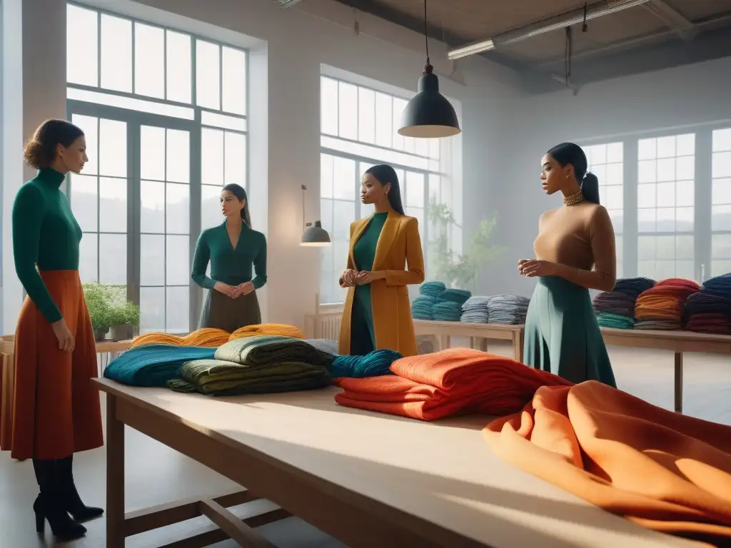 Equipo creativo de moda sostenible en estudio luminoso Un grupo diverso de diseñadores y artesanos de moda trabajando juntos en un estudio luminoso lleno de telas sostenibles