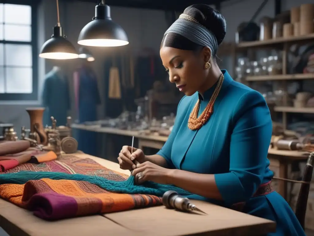 Diseñadores de moda crean accesorios inclusivos en taller vibrante Grupo diverso de diseñadores y artesanos creando complementos inclusivos en un taller moderno y colorido, reflejando la moda diversa