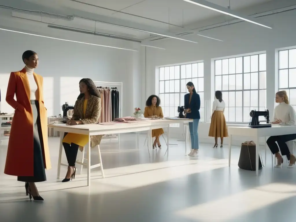 Diversidad creativa en estudio de moda: inspiración en 8k Grupo diverso de diseñadores inclusivos en la moda, colaborando en un estudio moderno y luminoso lleno de creatividad