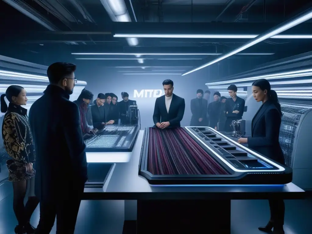Innovación textil: equipo creativo diseñando tejidos adaptativos Un grupo diverso de diseñadores y ingenieros colabora en una máquina textil futurista mientras crean tejidos adaptativos