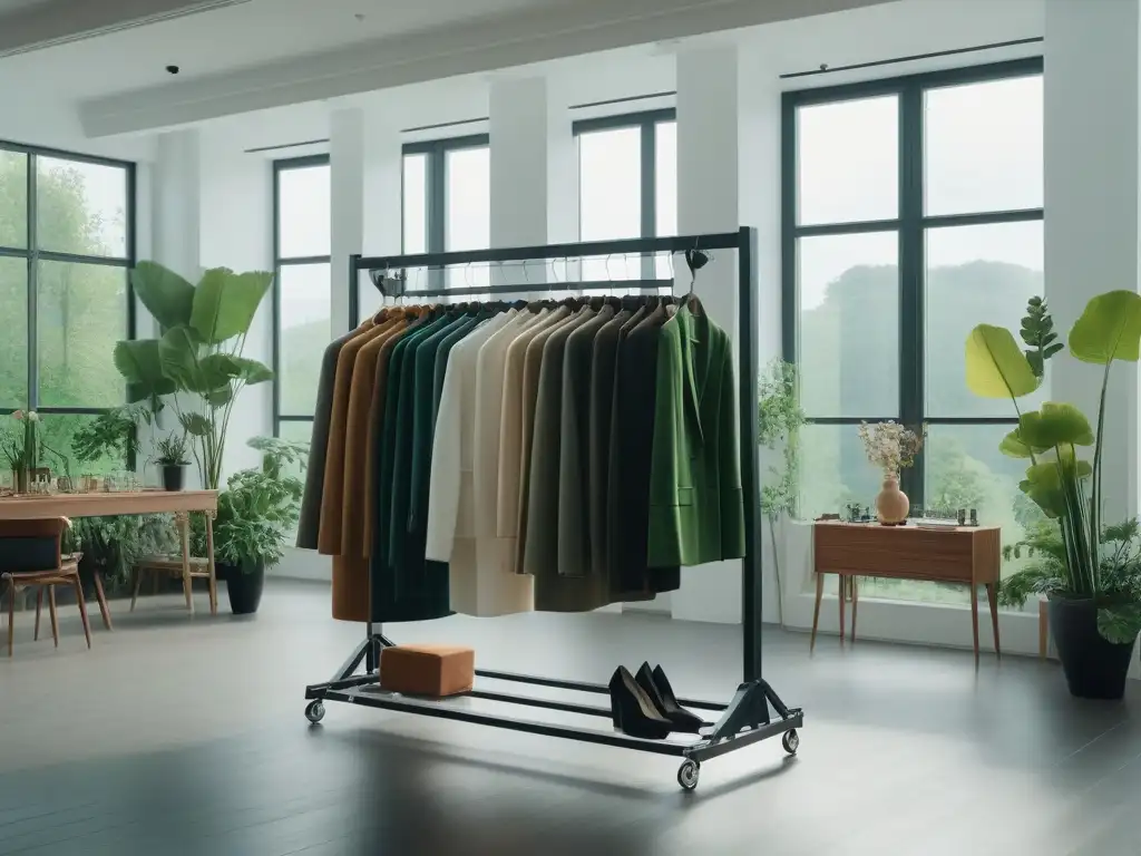 Profesionales de la moda sostenible exploran telas eco en estudio moderno Un grupo diverso de diseñadores de moda y expertos textiles examinan telas ecológicas en un estudio moderno con jardín
