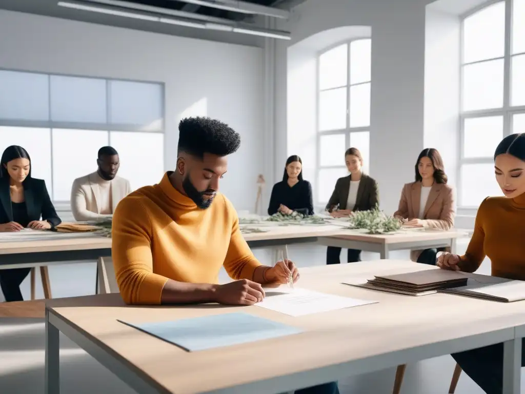 Diseñadores de moda ecoinnovadores en estudio luminoso Grupo diverso de diseñadores de moda trabajando en un estudio ecológico y moderno