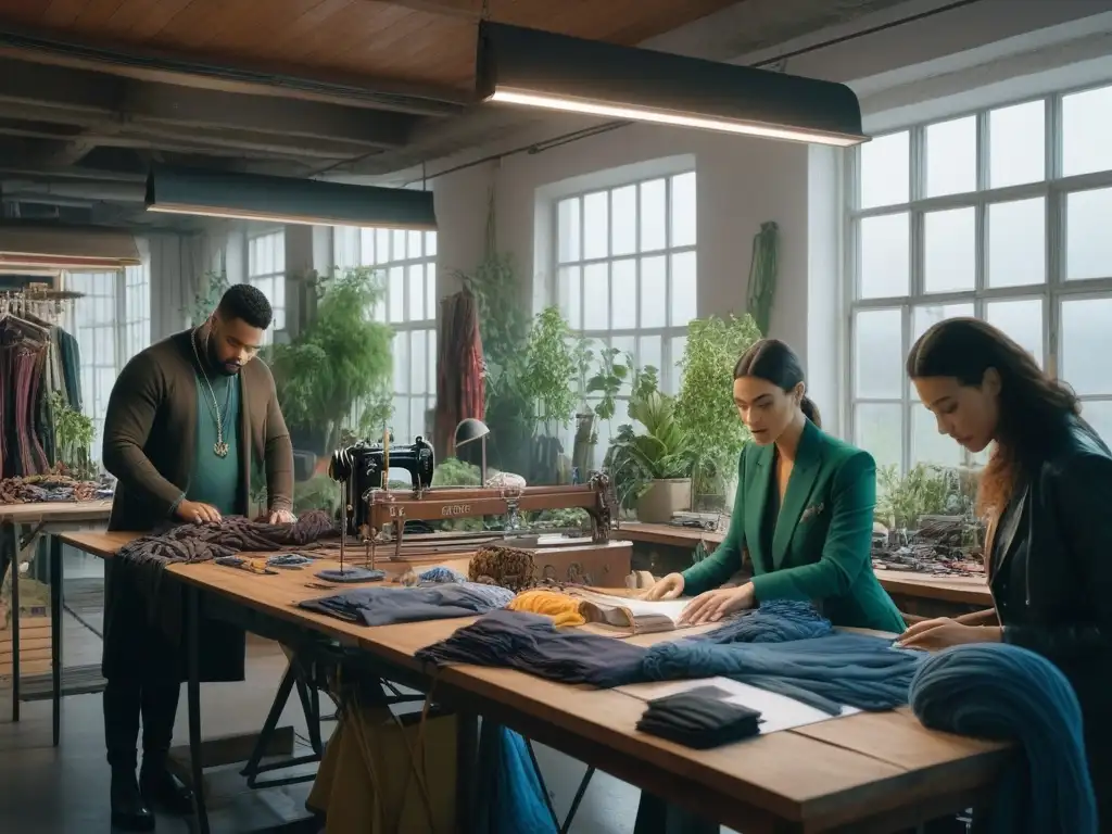 Diseñadores de moda ecofriendly crean juntos en estudio sostenible Un grupo diverso de diseñadores de moda colabora en un estudio sostenible, rodeados de materiales coloridos y herramientas