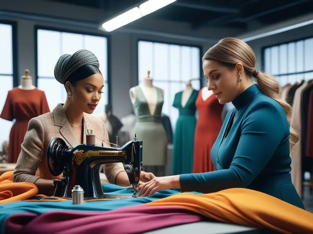 Estudio de moda inclusivo y sostenible: diseñadores crean juntos Un grupo diverso de diseñadores de moda, incluyendo personas con discapacidad, colaborando en un estudio sostenible