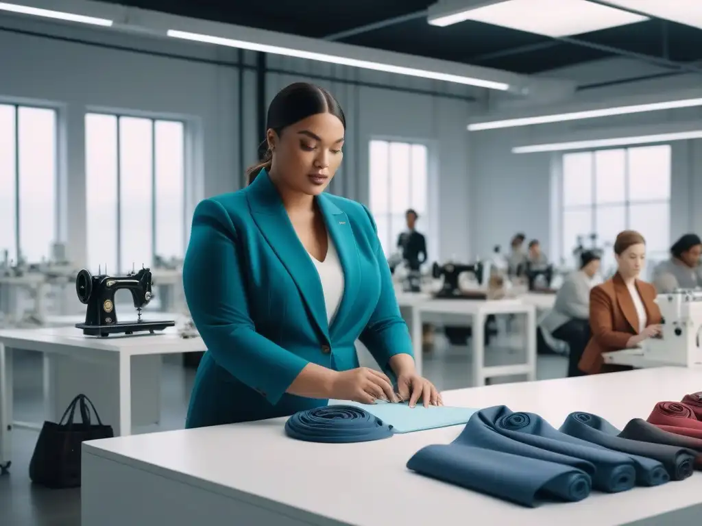 Diseñadores de moda sostenible creando juntos en estudio moderno Un grupo diverso de diseñadores de moda trabajando en una producción sostenible para tallas grandes en un estudio moderno y brillante