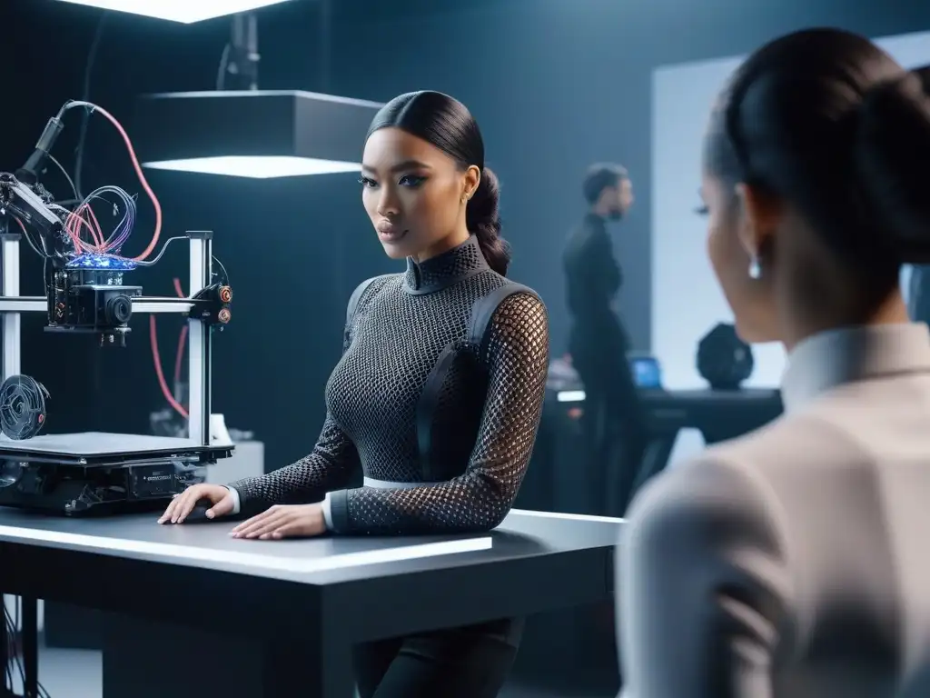 Diseñadores de moda inclusivos en estudio futurista Un grupo diverso de diseñadores de moda crea piezas únicas en un estudio futurista