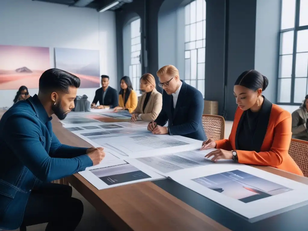 Diseñadores de moda crean tecnología inclusiva y futurista Un grupo diverso de diseñadores de moda se enfoca en crear diseños futuristas y inclusivos de tecnología wearable, rodeados de telas coloridas y tecnología avanzada, en un estudio moderno con luz natural