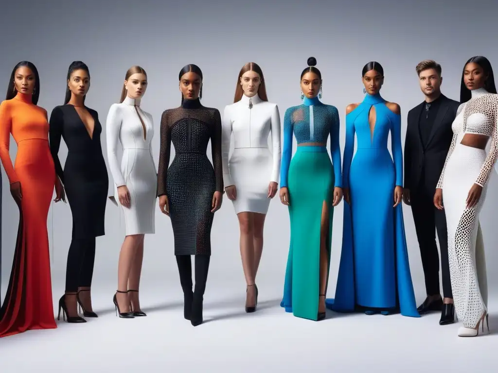 Diseñadores de moda innovando con impresión 3D en estudio vanguardista Un grupo diverso de diseñadores de moda colaborando en un estudio moderno y futurista, creando prendas con impresión 3D
