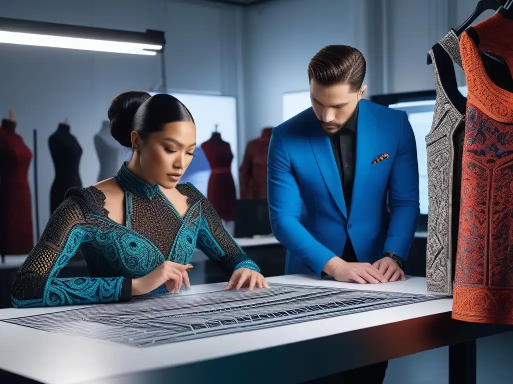 Diseñadores de moda innovando con impresión 3D en estudio futurista Grupo diverso de diseñadores de moda creando prendas con impresión 3D en un estudio futurista
